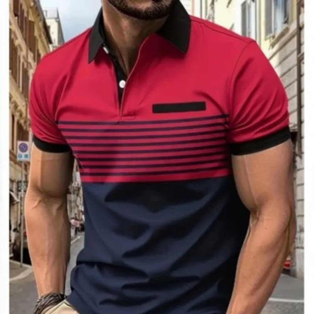 Men's Striped Color Block Golf Shirt, Breathable &‎ Quick-Drying, Casual Comfort